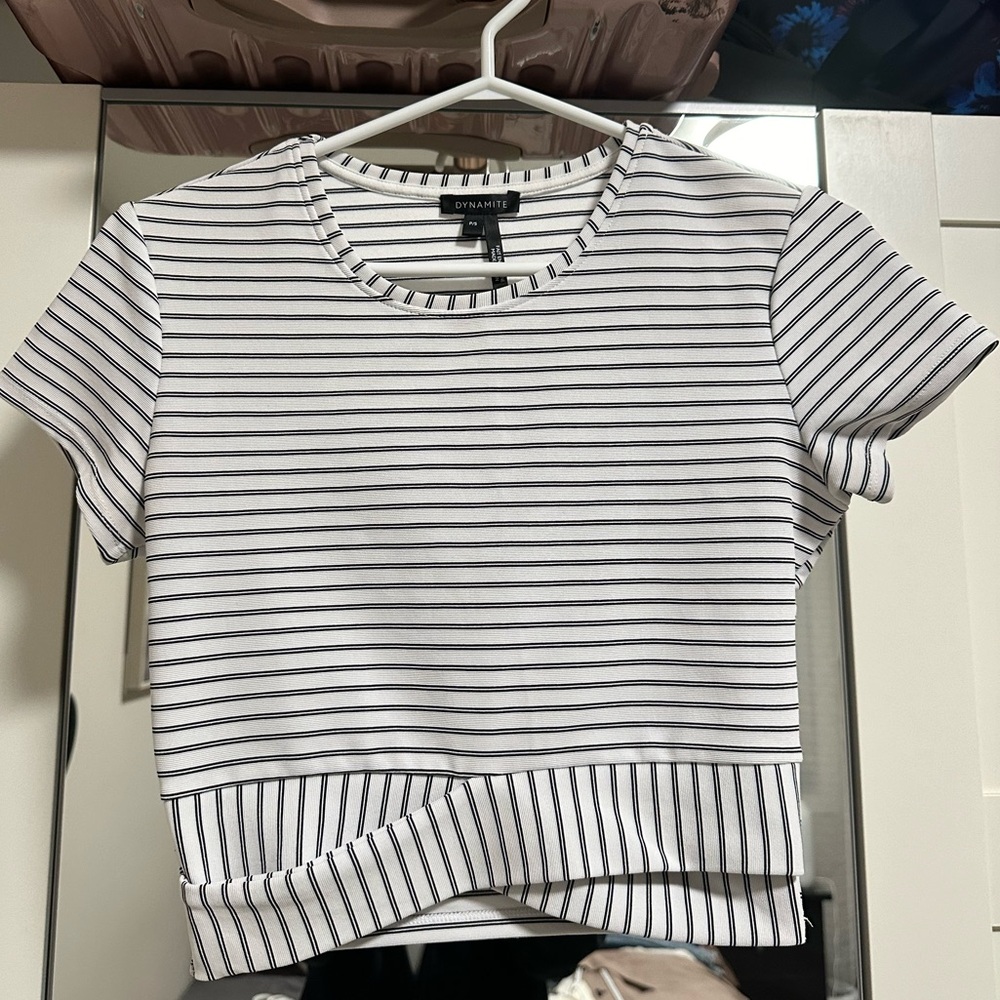 Dynamite Striped Cropped Short Sleeve Shirt | White/Black